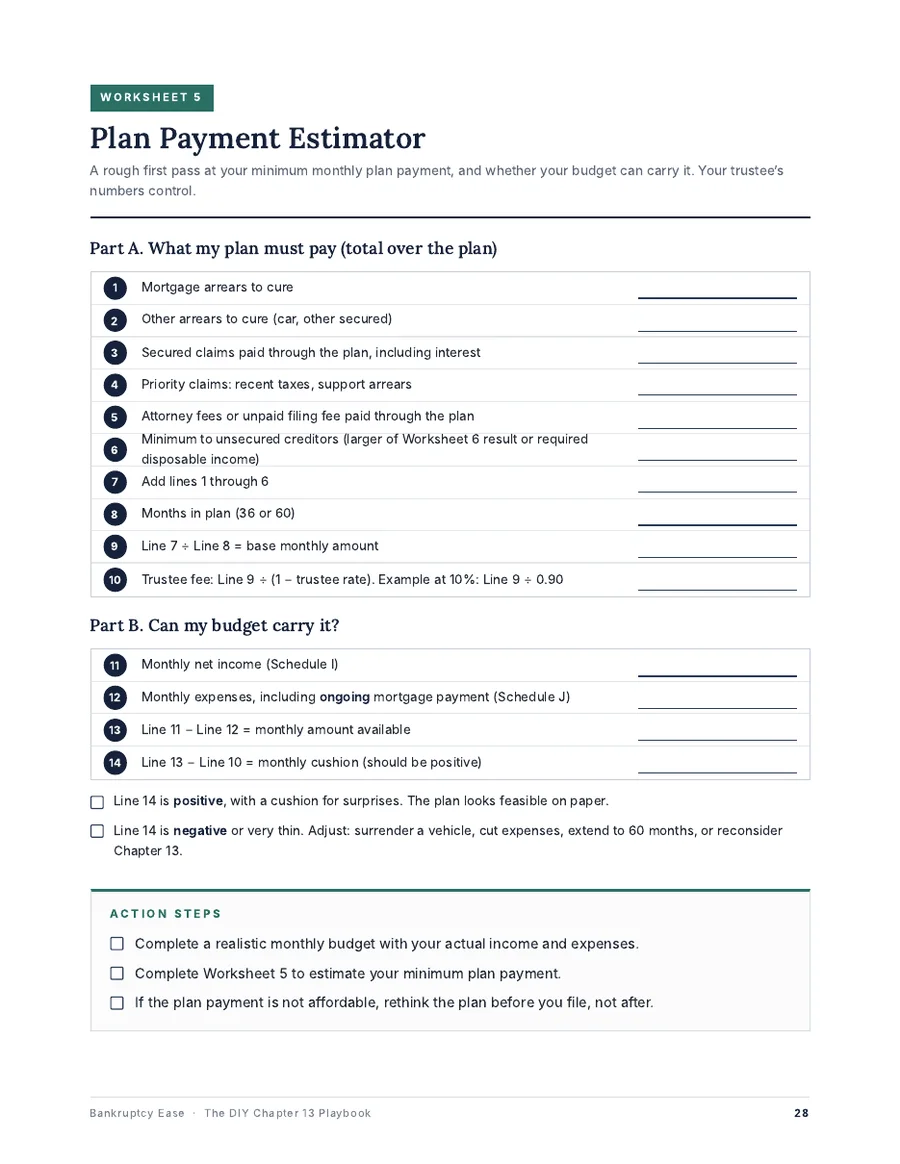 Sample page: Chapter 13 plan payment estimator worksheet