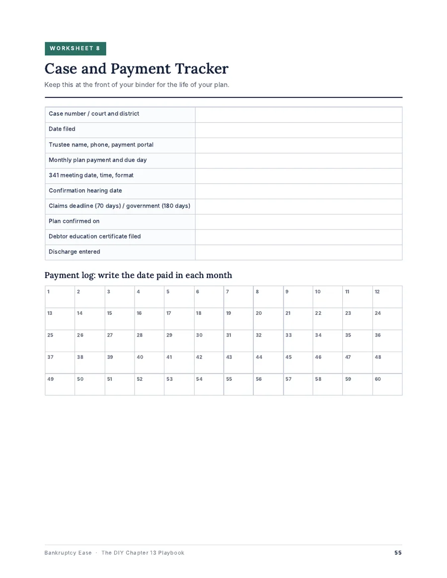 Sample page: case and payment tracker worksheet